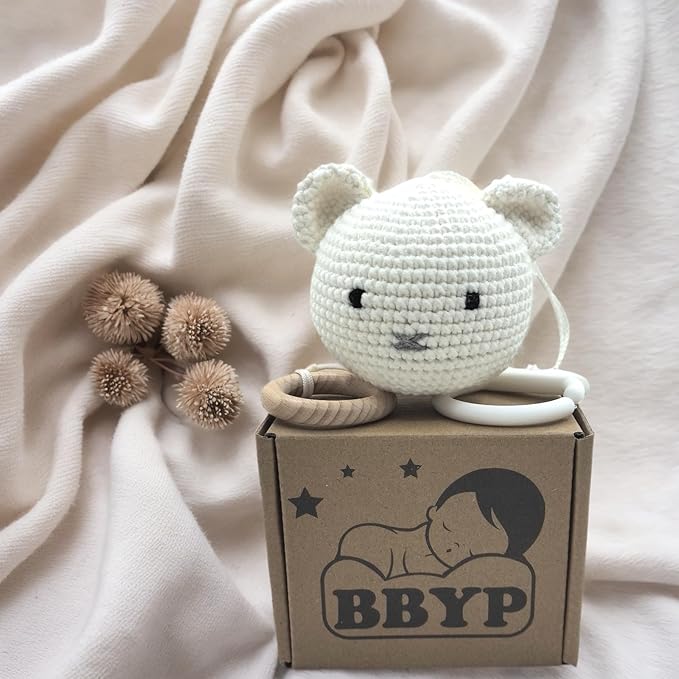Baby Hanging Musical Box Toys, Soothing Musical Pulldown Toy with Wooden Teether, Crochet Musical Bear Head Toys for Newborn Infant Baby Toys for 0, 3, 6, 9, 12 Months