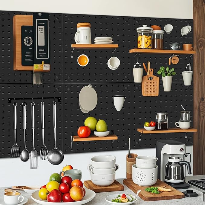 Peg Board,Steel Organization Panels, Ideal for Garage Tool Storage, Office Organization, Craft Room, Kitchen,Pack of 6(Black, 6-12X12)