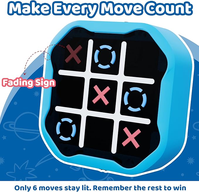 4-in-1 Rechargeable Electronic Tic Tac Toe Game – Handheld Travel Toy with Memory & Whack-a-Mole, Silent Mode, Fun for Kids & Adults, Ages 3+, Blue