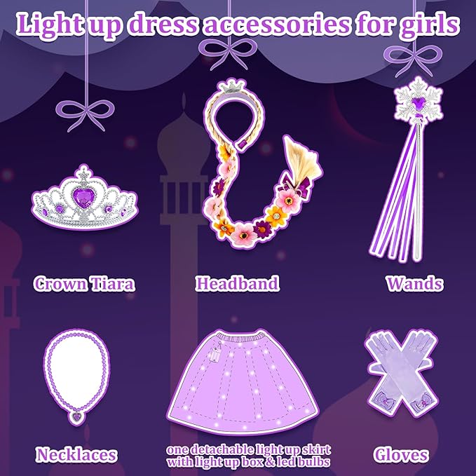 Light Up Princess Dress for Girls Purple Lighted Princess Costume Fancy Halloween Dress Up Cosplay Party Carnival