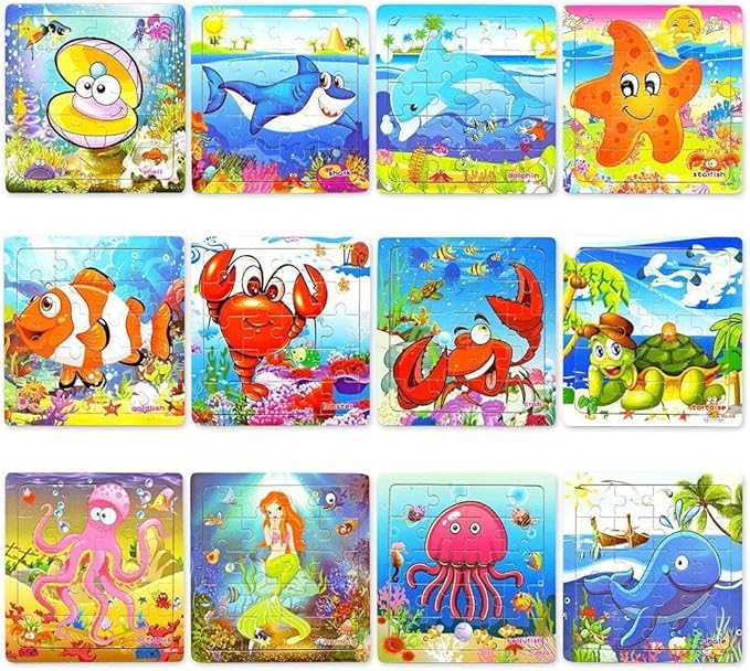 Vileafy Under The Sea Party Favors for Kids – 12 Pack Ocean Animal Wooden Puzzles with Gift Bags – 20-Piece Mini Jigsaw Toys for Boys & Girls Ages 4-8 – Birthday Return Gifts, Classroom Prizes