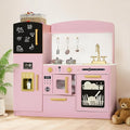 Kinder King Wooden Kids Play Kitchen, Toy Kitchen Playset for Toddler, Play Kitchen Set w/Blackboard, Transparent Coloring Board, Pretend Dishwasher, Oven, Ice Maker, Gift for Boys Girls Age 3+, Pink