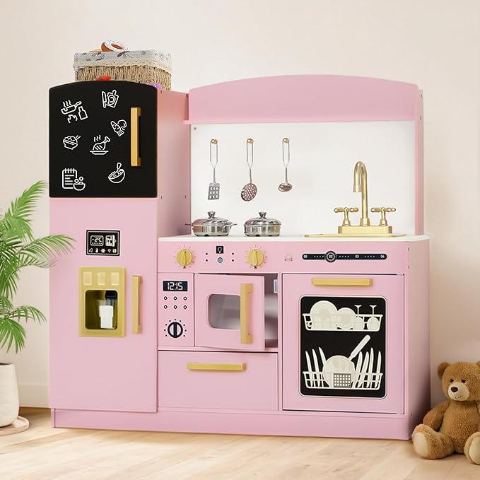Kinder King Wooden Kids Play Kitchen, Toy Kitchen Playset for Toddler, Play Kitchen Set w/Blackboard, Transparent Coloring Board, Pretend Dishwasher, Oven, Ice Maker, Gift for Boys Girls Age 3+, Pink