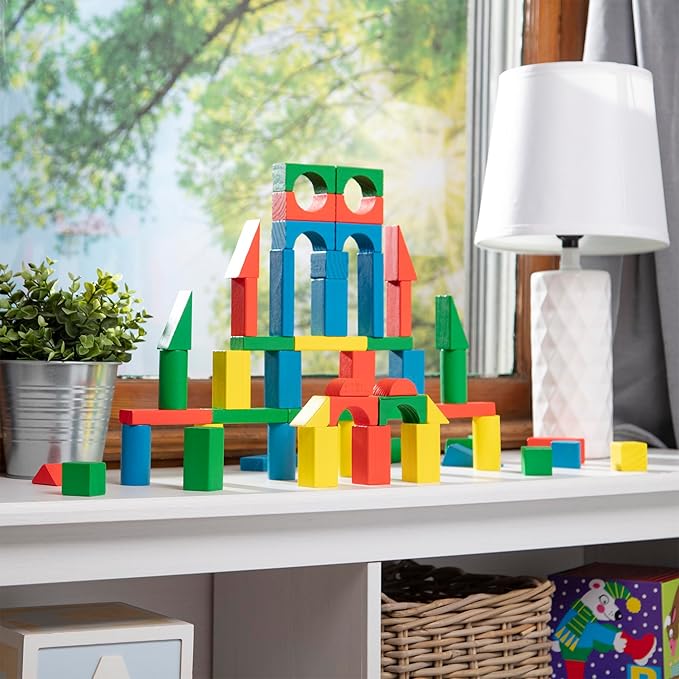 Melissa & Doug Wooden Building Blocks, 100-Piece Set of Sorting & Stacking Toys in 4 Colors and 9 Shapes, Classic Toddler Toys for Girls & Boys Ages 2+ - FSC Certified