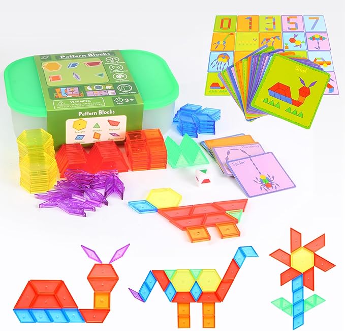 188 Pcs Translucent Plastic Pattern Blocks Set, Light Table Manipulative for Shape Recognition, Fun Geometric Shapes Tangram Puzzle with Storage Box