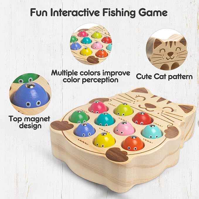 Fishing Game for Kids 3-5,Wooden Montessori Preschool Education Learning Hand-Eye Cognition & Fine Motor Skill Color Sorting Magnetic Fishing Toys Easter Basket Stuffers for Toddler Boys Girls
