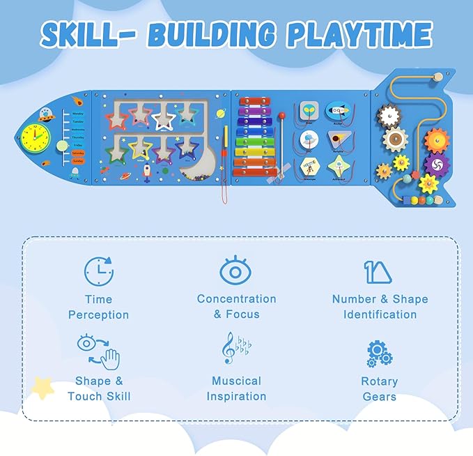Rocket Activity Wall Busy Board Panels - Sensory Wall Panel for Kids, Montessori Toddler Wall Activity Board, Wall Toys for Toddlers 3, Activity Cube, Wall Activity Boards, Blue(4PCS)