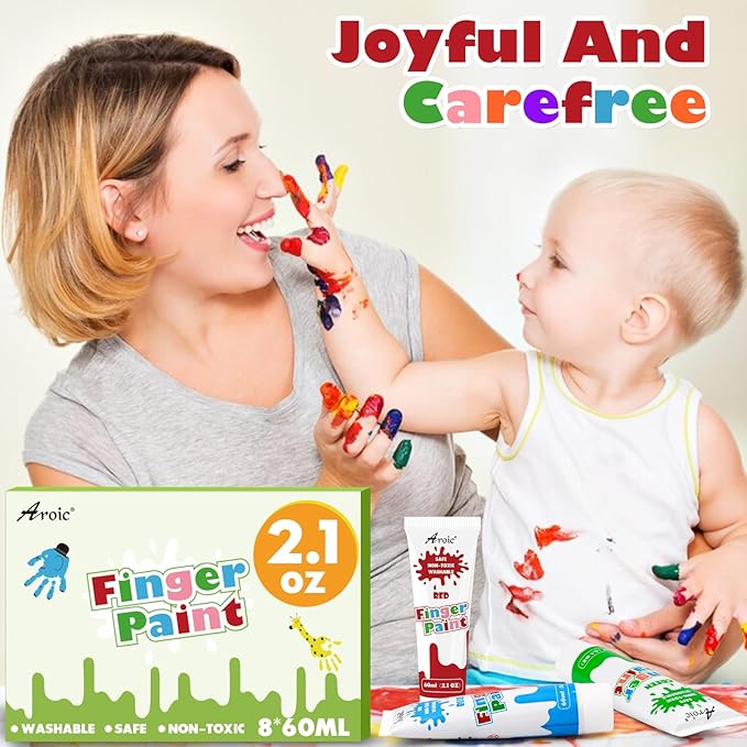 AROIC Non-Toxic Finger Paint Set for Kids & Toddlers-Vibrant Washable 8 Colors (60ml),Creative Art Gift for Boys Girls,Hand Painting Art Supplies for DIY Crafts & Early Education