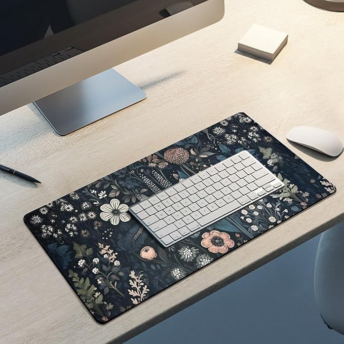 Dark Flower, Floral Plants Mouse Pad, Aesthetic Wildflowers Desk Pad, Gaming Mouse Pad, Non-Slip Rubber Base, Stitched Edges，23.6x11.8 inch Computer Mouse Mat Keyboard for Home Office