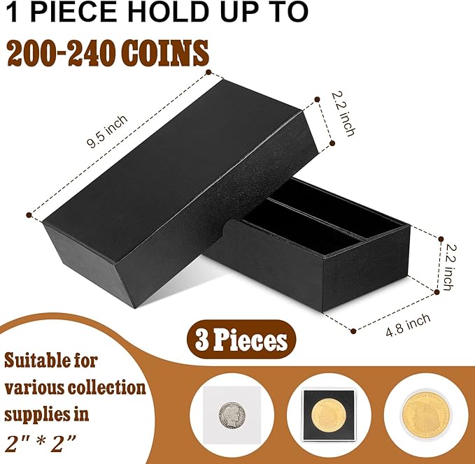 Henoyso 3 Pcs Double Row Coin Box Holders for Collectors Storage Supplies Collecting Coin Cases, 9 x 2 x 2 Inch About Half Box Cases (Black)