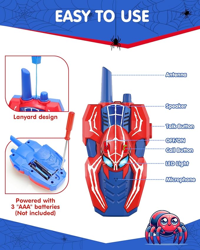 Spider Hero Walkie Talkies for Kids – 2 Pack Indoor & Outdoor Toys for Boys Ages 3-8, Birthday Gift for Children, Fun Two-Way Radios for Playtime & Adventures