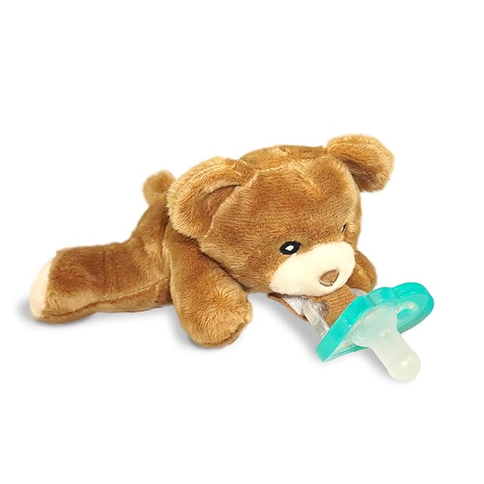 RaZbaby Bear RaZbuddy Stuffed Animal Pacifier Holder for Newborns & Up, Made in The USA, Detachable Orthodontic JollyPop Pacifier, Medical-Grade 100% BPA-Free Silicone, Baby Shower - 0 Months+