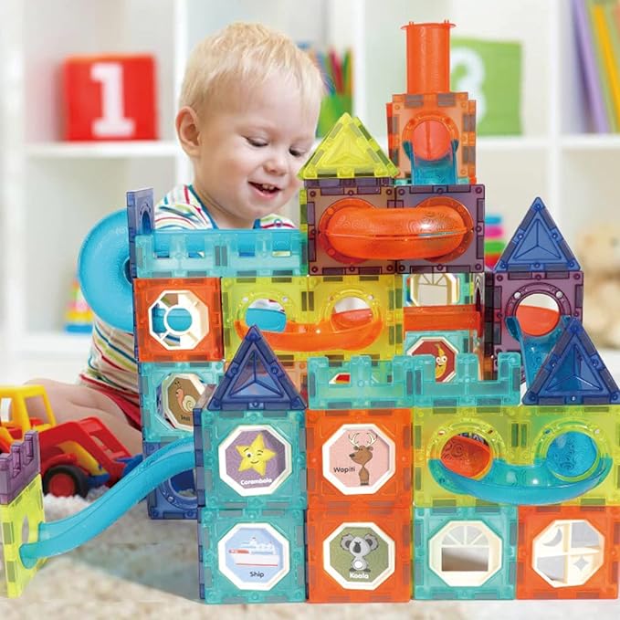 Magnetic Tiles Building Blocks Toys for Kids,144 PCS Magnet STEM Construction Set with LED Lights & Marble Run | Educational Learning Creative Gifts for Kids Ages 5-12 Boys and Girls