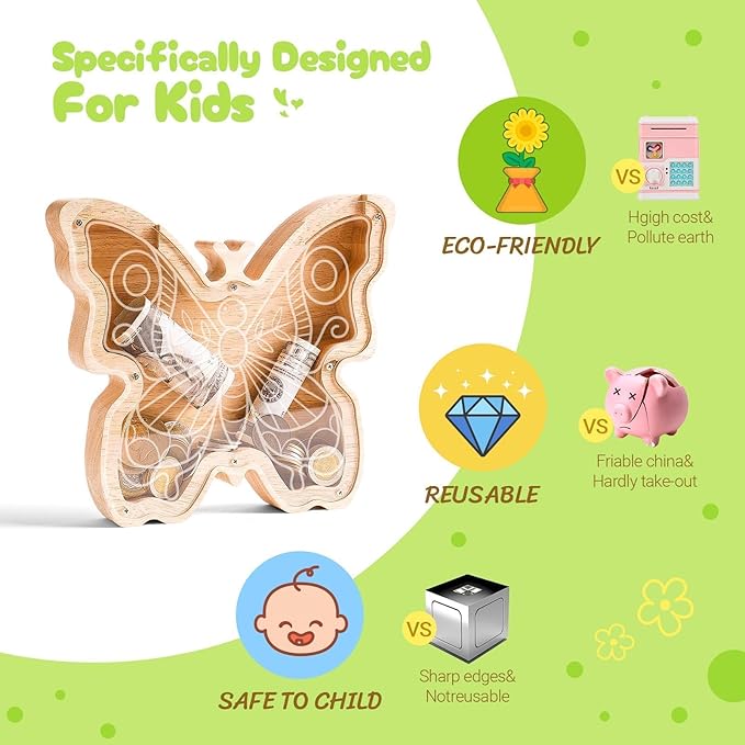 Wooden Butterfly Piggy Banks for Kids Money Coin Bank, Elegant Unbreakable Piggy Bank Kids Safe Money Box, Toddler Birthday Baptism Gifts for Girls Boys Butterfly Lovers, Small