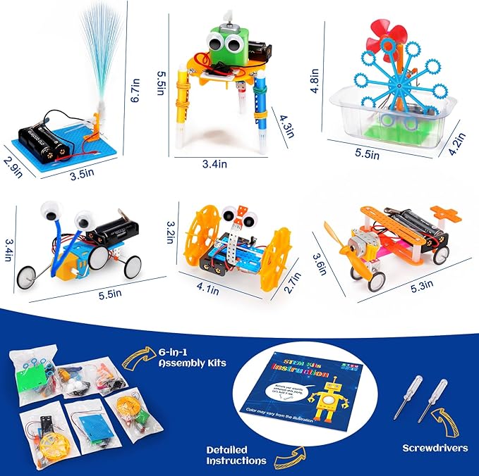 STEM Robotics Kit 6 Set Science Experiments Project Activities Toys for Kids 8-12 Engineering Building Electronic Motor Robot Kid Craft Boy Girl 8 9 10 12 Year Old Gift Summer Outdoor Toy