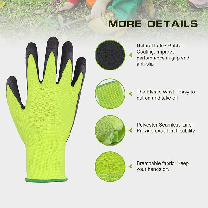 HANDLANDY 3 Pairs Kids Gardening Gloves Latex Free, Nitrile Coated Children Toddler Garden Yard Work Gloves for Little Girls Boys (Size L, Black-Green)