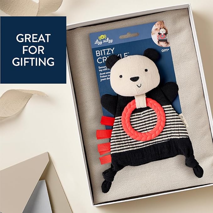 Itzy Ritzy - Bitzy Crinkle Sensory Toy Panda with Crinkle Sound for Babies & Toddlers - Features Soft Braided Teething Ring & Textured Ribbons, Designed for Ages 0 Months and Up, Panda