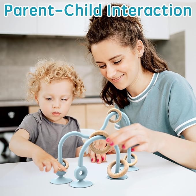 Baby Sensory High Chair Suction Toys for Infant Toddlers 6 12 18 24 Months, Food Grade Silicone String with Oak Loop Montessori Educational Parent-Child Baby Bath Toy (Blue)