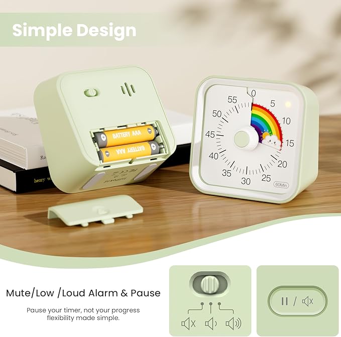 Visual Timer for Kids with Pause Function, Cute Silent Timer with Rainbow for Classroom, Teaching, Task, Kitchen, 60 Minute Countdown Time Management for ADHD (Rainbow Green)