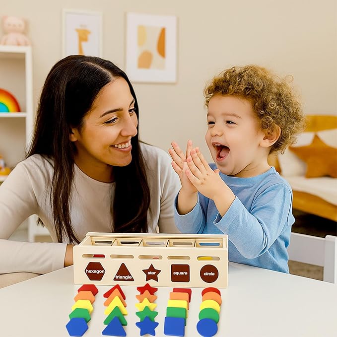 LovesTown Wooden Shape Sorting Box Montessori Learning Toy for Toddlers Early Educational Sorting and Matching Game