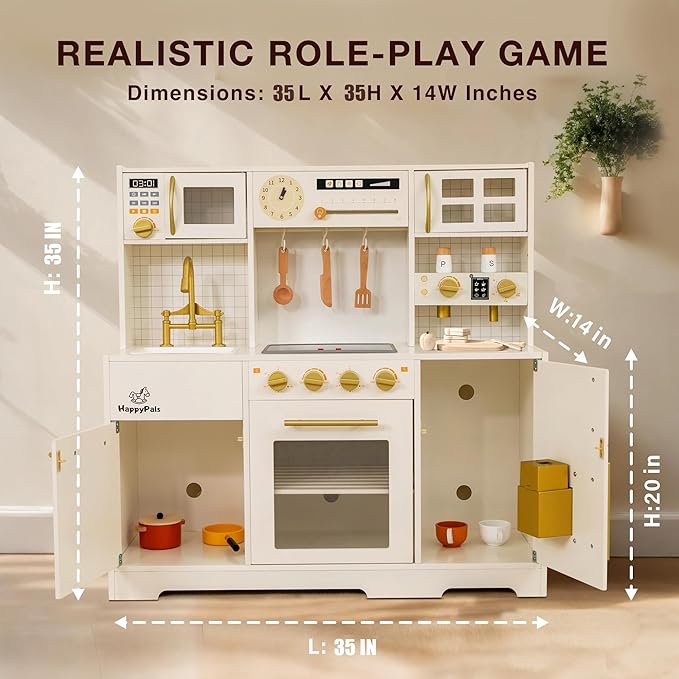 Kids Wooden Play Kitchen Set with Oven, Ice Maker & Coffee Maker - Pretend Cooking Toy Gift for Toddlers 3+ Years
