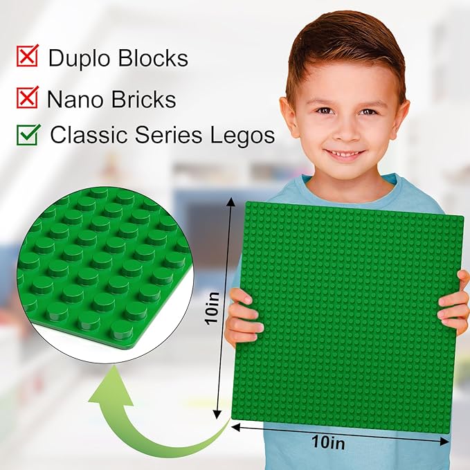 Classic Baseplates, Peel and Stick Base Plates for Building Bricks, Compatible with Major Brands, Self-Adhersive Base for Bricks 10" x 10", 6 Pack Green