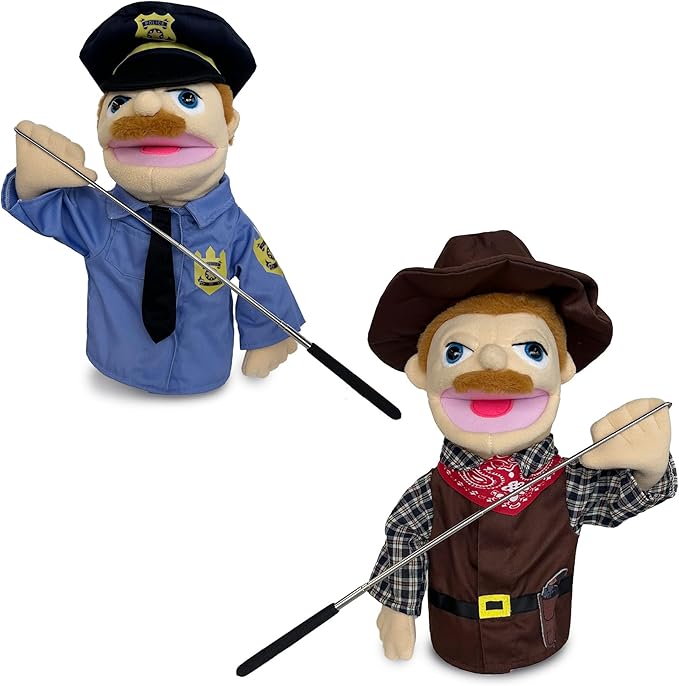 Hand Puppets Professional Characters, Police and Cowboy Role-Playing Storytelling Hand Puppet for Kids Age 4-8 Puppets with Movable Mouths and Control levers