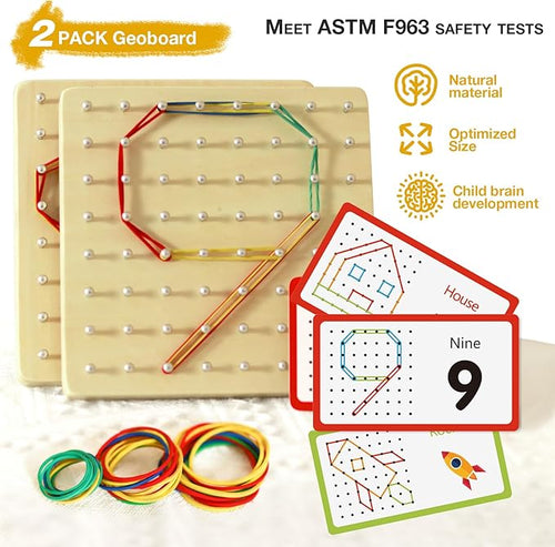 2Pack Wooden Geoboard Montessori Toys - Wood Geo Board Manipulative Geoboards for 4 5 6 Year Old Kids with Pattern Cards and Rubber Bands,Brain Teaser STEM Toy for Boys Girls Ages 3-6