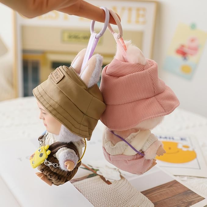 Clothes for Dolls Accessories (No Doll), Cute Outfit Set 3 Pieces Bib Pants Suitable for 15 & 17cm Doll Suit, Stylish Dress Up Overalls Doll Clothing Set Replacement with Hat Clothes Brown