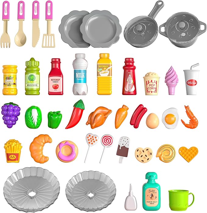 TEMI Pretend Food Kitchen Toys for Girls Age 3 4 5 6 7 8 - Kitchen Accessories Platset with Sound and Light, Cutting Food Toy, Pretend Play for Kids, Indoor Outdoor Cooking Set, Birthday Gifts 8-9