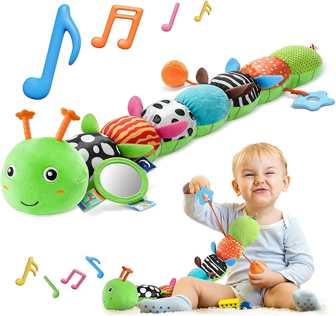 HEMRLY Baby Toys for 0-6 Months, Musical Plush Caterpillar Infant Sensory Toy with Baby Mirror&Crinkle Rattle,Pull String,Teething Toys, Tummy Time Newborn Gifts for 0-3-6-12 Boys Girls - Green Leaf
