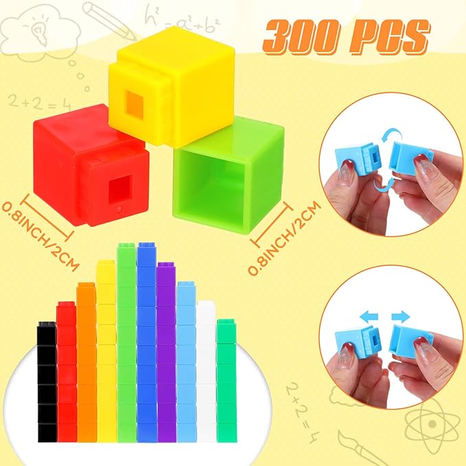 Jenaai 300 Pcs Counting Cubes, Plastic Connecting Blocks, Colorful Math Cubes, Math Manipulatives Classroom Learning Supplies, Preschool Learning Materials, Counting Toys(Simple Style)