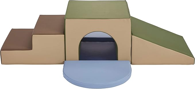 Factory Direct Partners 10408-ET SoftScape Single Tunnel Play Foam Climber Plus, Beginner Toddler Soft Structure for Active Playtime (5-Piece Set) - Earthtone