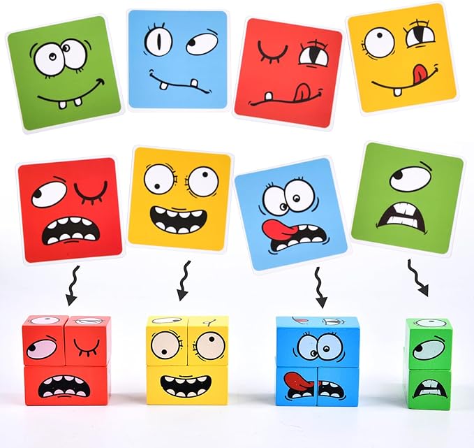 Wooden Face Changing Magic Cube Game, Expression Puzzle Building Blocks Pattern Matching Game, Educational Puzzles Toy Board Games for Kids and Adults with Bell
