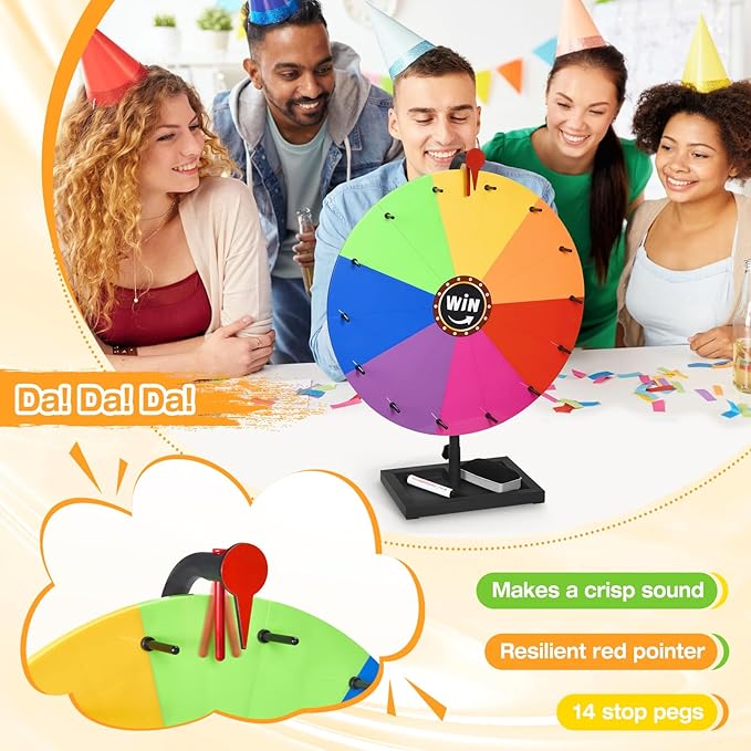 18-inch Tabletop Prize Wheel, Prize Wheel Spinner with Stand & Storage Base, Featuring a Prize Wheel with 14 Customizable Color Sections. Suitable for Party Games, Family Games (Original)