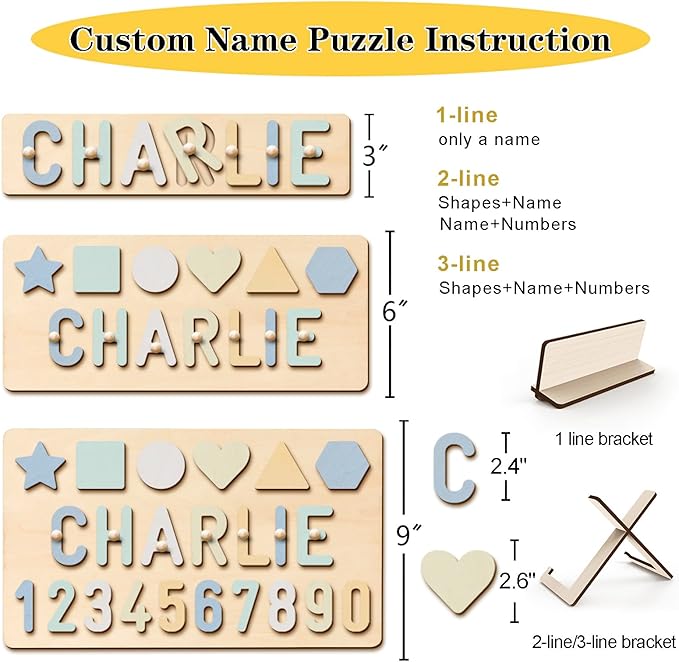 Name Puzzle for Kids Personalized Wooden Shapes Puzzles for Toddlers 1-3 Peg Puzzle Educational Toys Learning Number Customized Baby Gifts for Boys Girls First Birthday