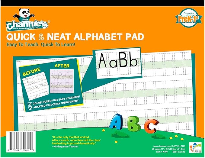 Channie’s Quick & Neat Alphabet Writing Pad, Practice Handwriting, 80 Pages Front & Back, 40 Sheets, Pre Kindergarten Books & First Grade Workbook, Homeschool Learning Supplies, Size 8.5” x 11”