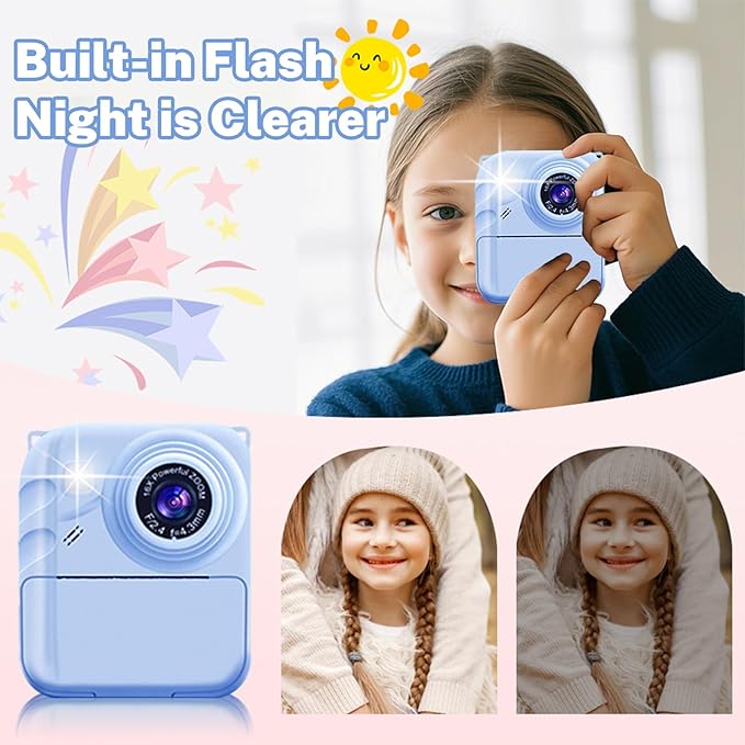 Instant Print Camera for Kids, 1080P Video Camera with 3 Print Rolls, 32GB Card & Cute Cover, Gift for Girls Boys Age 3-12, Toddler Digital Camera with Games, Filters, Music – Blue