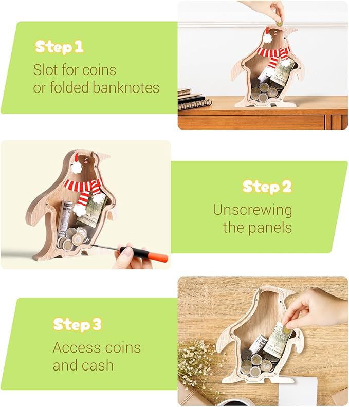 Wooden Christmas Piggy Bank for Kids, Adorable Penguin Piggy Bank with Acrylic Panels, Unbreakable Toddler Money Box for Boys Girls, Cute Saving Coin Jar for Birthday, Decor