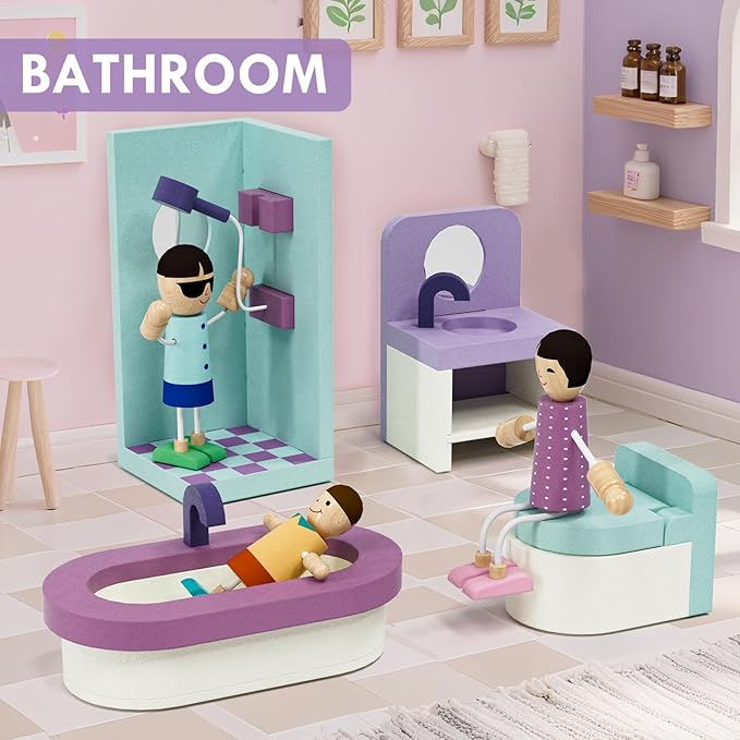 Lehoo Castle Wooden Dollhouse Furniture Set 39 Pcs with 5 Rooms, Family Dolls & Pets, All-Wooden Doll House Accessories and Furniture, Pretend Play Dollhouse Accessories Toy Gift for Kids 3+