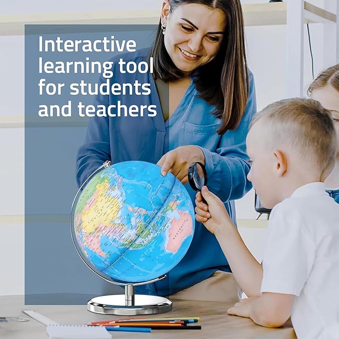 LED Illuminated World Globe with Chrome Rotating Stand – 3-in-1 Educational Tool for Kids & Adults, Interactive Learning Globe with Constellation Map, Lighted Display, 9.5 Inch