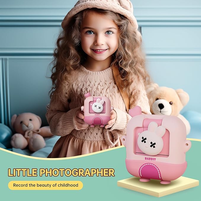Kids Camera Instant Print with Cartoon Silicone Cover, Digital Mini Camera for 3 4 5 6 7 8 9 10 11 12 Year Old Boys Girls Birthday Chirstmas Toys Gifts - Personal Video Players (Bunny Pink)