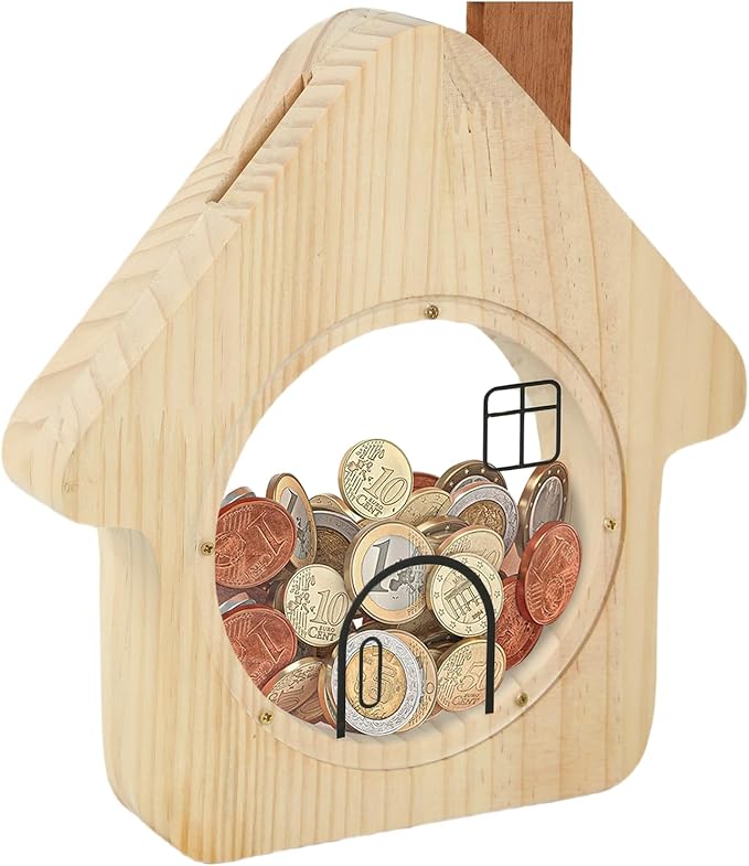 Wooden Money Bank, House-Shaped Piggy Bank with Clear Window, Decorative Coin Storage Box for Kids (Round House Piggy Bank)