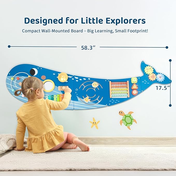 OOOK Whale Wall Busy Board Panel, Montessori Sensory Toy, Toddler Learning Activity Center, Toddler Learning Activity Center, Interactive Toys, Wooden Sensory Wall Develops Kids Skills in All Aspects