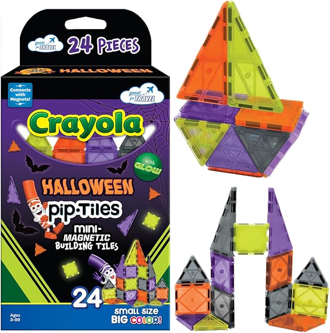 CreateOn Crayola Halloween Mini Magnetic PIP-Tiles with Glow in The Dark Tiles, Magnetic Building Toys for Kids, STEM Travel Toys for Boys and Girls Ages 3+ (Halloween)