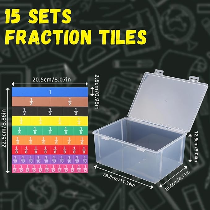 15 Sets Fraction Tiles Fraction Manipulatives for Preschool Elementary School Educational Math Learning Manipulatives for Teacher Bulk with Storage Box
