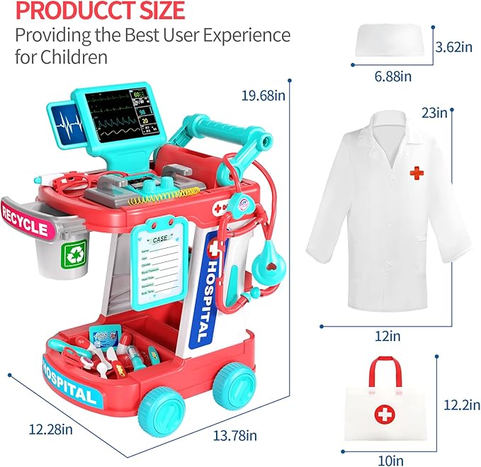 Doctor Kit for Kids, Pretend Doctor Playset for Toddlers with Cart, Costume and Stethoscope, Role Play Medical Toy for Girls Boys Toddlers 3-8 Birthday Gifts (Pink)