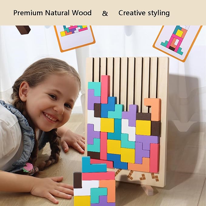 Montessori Brain Blocks, Colored 3D Wooden Russian Puzzle, Develops Logic & Spatial Reasoning, Wooden Stacking Puzzle Giant Board Game, Open-Ended Play Thinking for Boys and Girls (B)