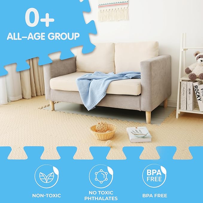 Coolcandy EVA Foam Play Mat, 16 Tiles Colorful Baby Play Mat, Square Kids Playmat with Solid Colored, 0.4" Thickened Interlocking Foam Floor Tiles, Puzzle Play Mat for Baby Lying, Playing (Beige)