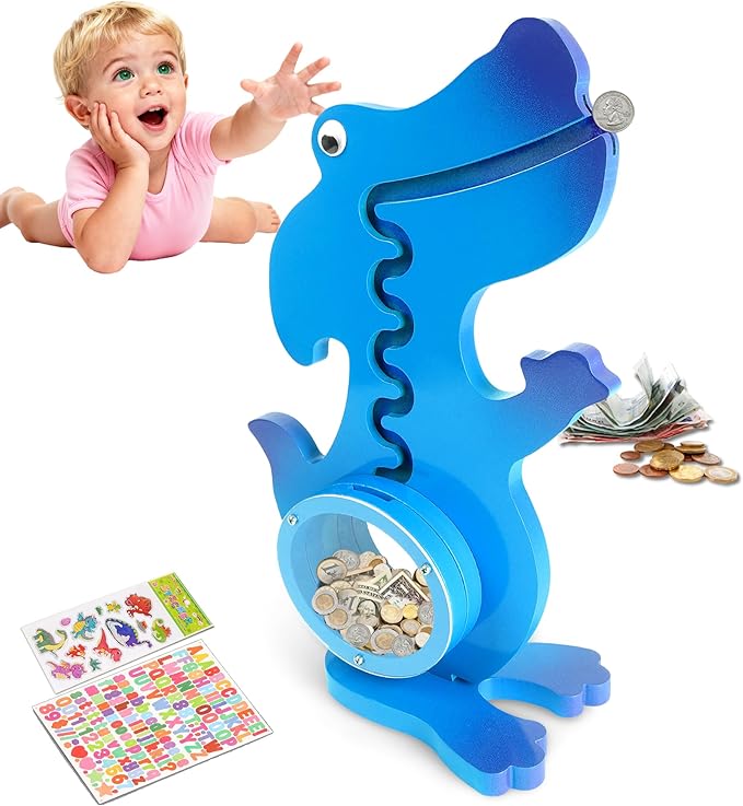 Dinosaur Piggy Bank for Kids Boys Girls, Wooden Dino Coin Bank with Large Clear Acrylic Belly, Cute Money Savings Box for Toddlers Birthday Christmas (Gradient-Blue)